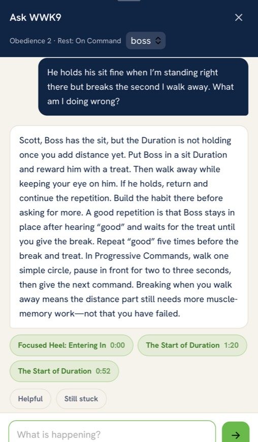 Actual Ask WWK9 training help giving a contextual answer and pointing to relevant lesson moments