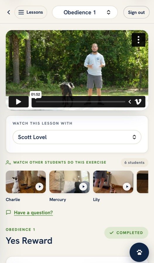 Actual WWK9 lesson screen showing Scott’s demonstration and videos of other students practicing the exercise